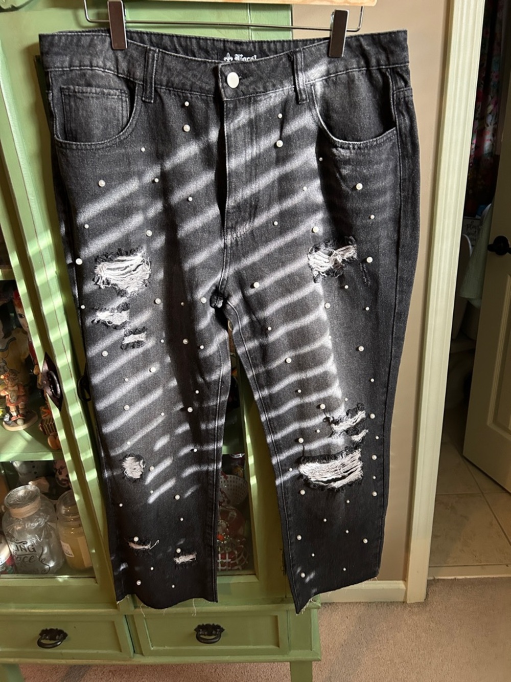 Distressed Black Pearl-Stud Jeans for women
